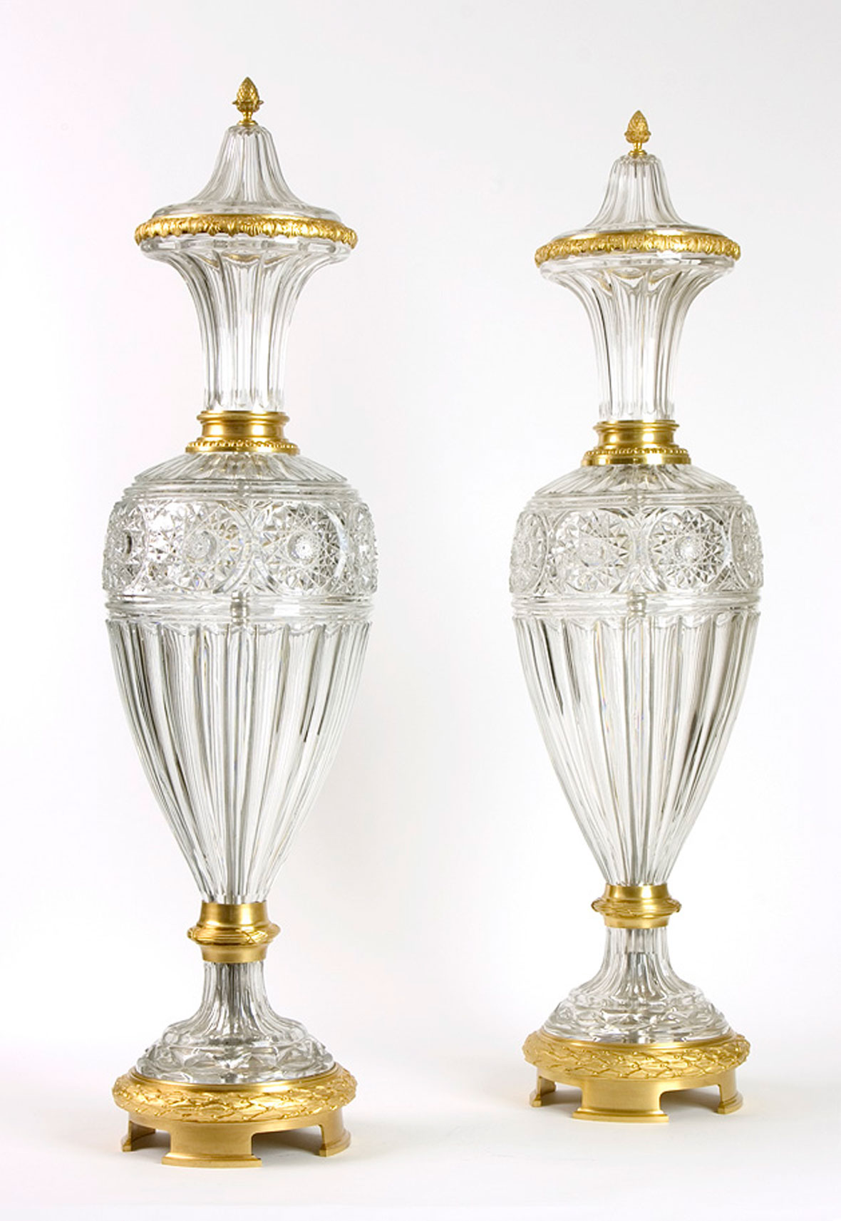 Pair of Monumental Crystal and Gilt Bronze Covered Vases by Baccarat